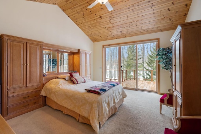 bedroom featuring access to exterior, light colored carpet, ceiling fan, high vaulted ceiling, and wooden ceiling