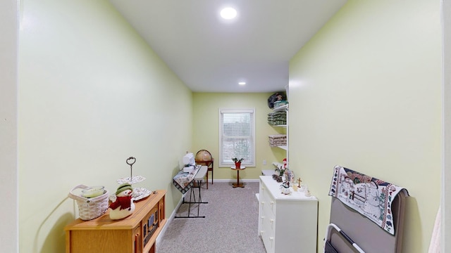 interior space with recessed lighting, carpet flooring, and baseboards