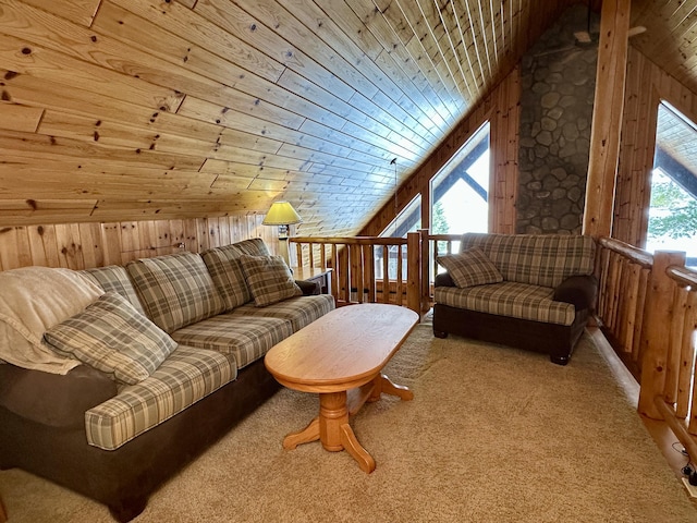 carpeted living area with wood ceiling, vaulted ceiling, and wood walls