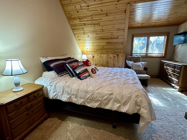 bedroom with carpet floors and wooden ceiling