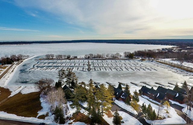 drone / aerial view with a water view