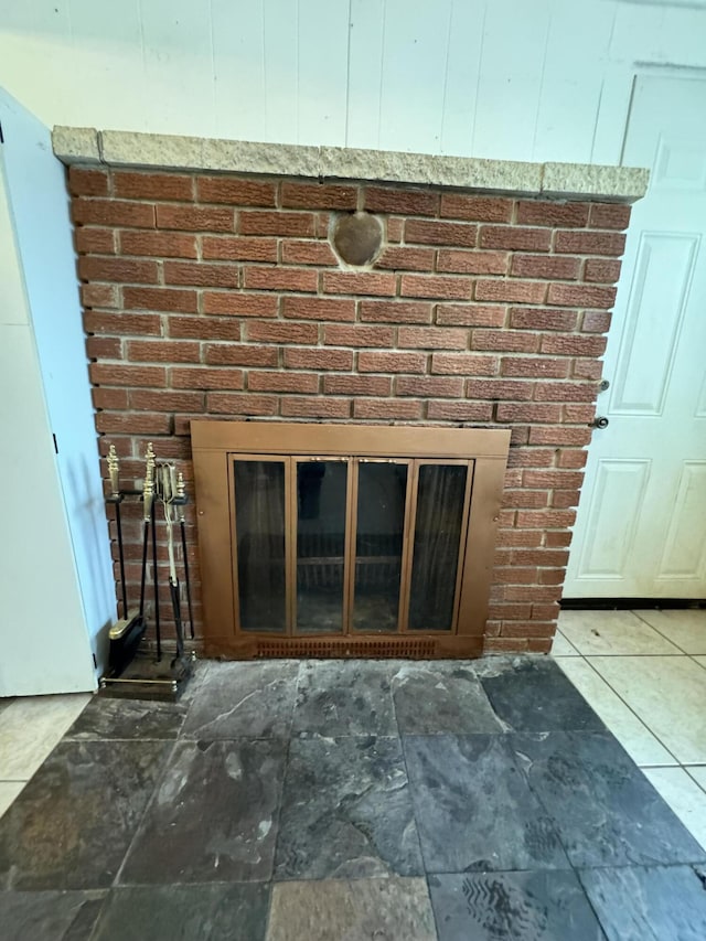 room details with a brick fireplace