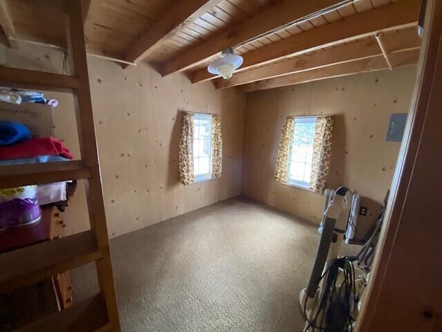 interior space with wooden ceiling, plenty of natural light, and beamed ceiling