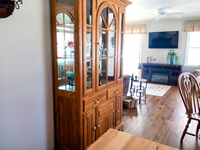 foyer entrance with hardwood / wood-style flooring and a ceiling fan