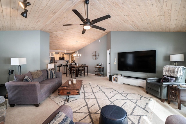 carpeted living area with wood ceiling, vaulted ceiling, baseboards, and ceiling fan with notable chandelier