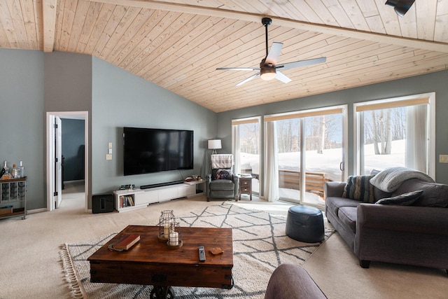 living room with light carpet, vaulted ceiling, plenty of natural light, and wooden ceiling