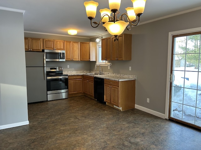 kitchen with a sink, brown cabinetry, stainless steel appliances, and crown molding