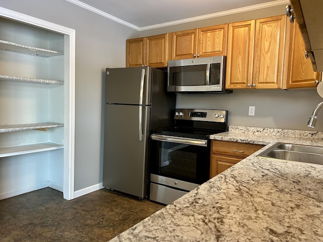 kitchen with light stone counters, crown molding, stainless steel appliances, a sink, and baseboards