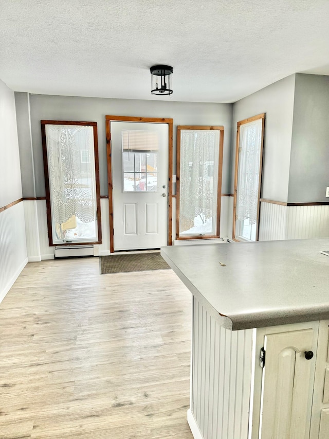 foyer entrance with plenty of natural light, light wood finished floors, a textured ceiling, and a baseboard radiator