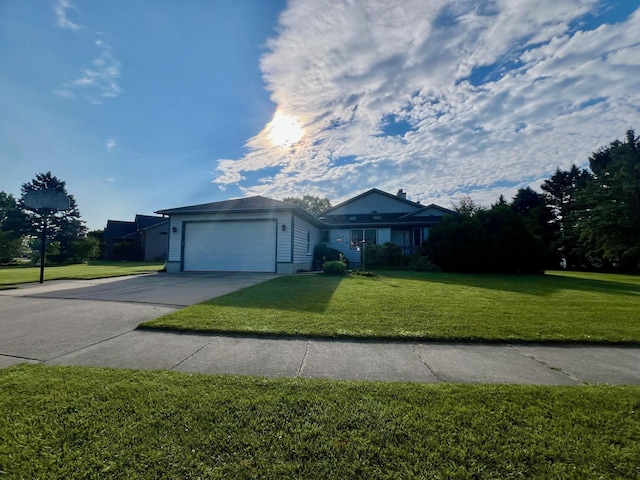 ranch-style home featuring driveway, a garage, and a front lawn