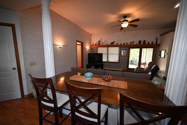 dining space featuring a ceiling fan, dark wood-style flooring, crown molding, and baseboards