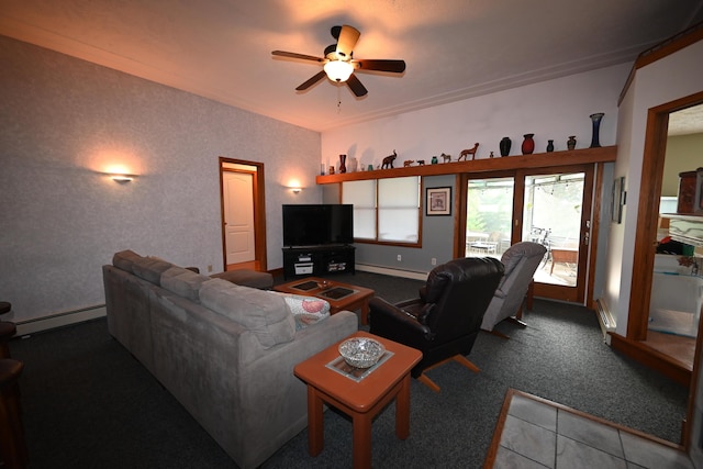 carpeted living area with ceiling fan, ornamental molding, and baseboard heating