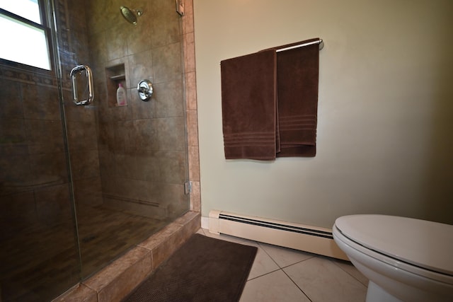 full bathroom with toilet, tile patterned floors, a baseboard radiator, and a shower stall