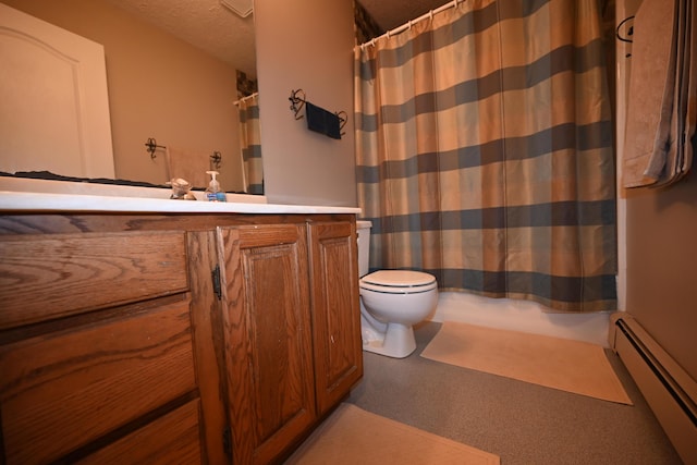 full bath featuring a baseboard heating unit, a shower with shower curtain, vanity, and toilet