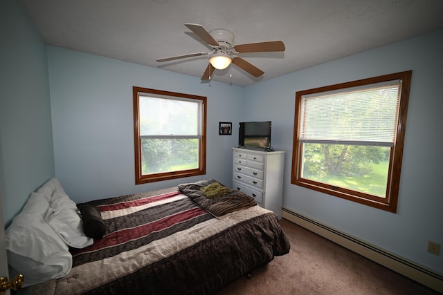 carpeted bedroom with a ceiling fan and a baseboard radiator