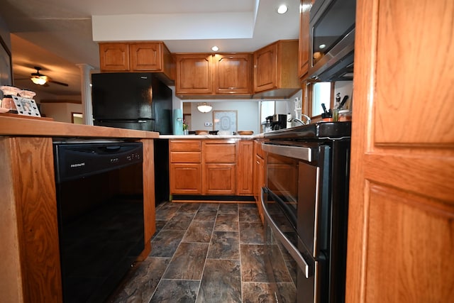 kitchen featuring black appliances, ceiling fan, brown cabinets, and light countertops