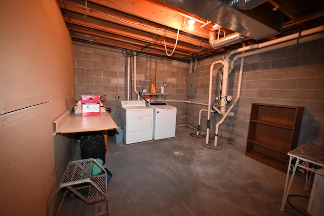 unfinished below grade area featuring washing machine and dryer and electric panel