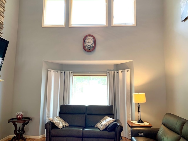 living area with a towering ceiling and baseboards