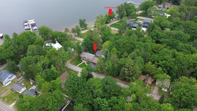 aerial view featuring a water view and a residential view