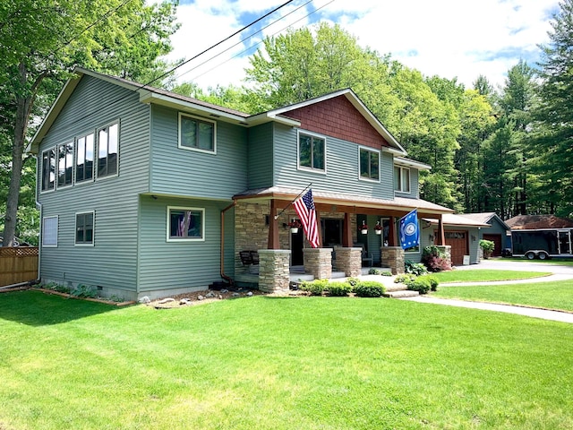 view of front of property featuring a porch, fence, stone siding, crawl space, and a front lawn