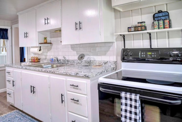 kitchen with light wood finished floors, open shelves, a sink, decorative backsplash, and range with electric stovetop