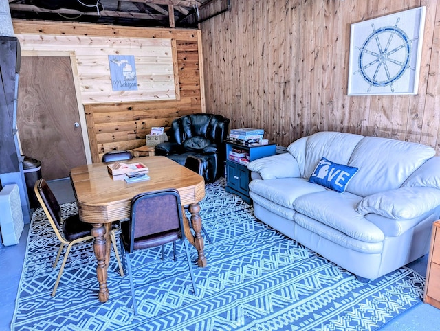 living room with rustic walls