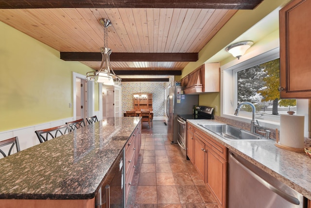 kitchen featuring pendant lighting, wood ceiling, beamed ceiling, appliances with stainless steel finishes, and sink