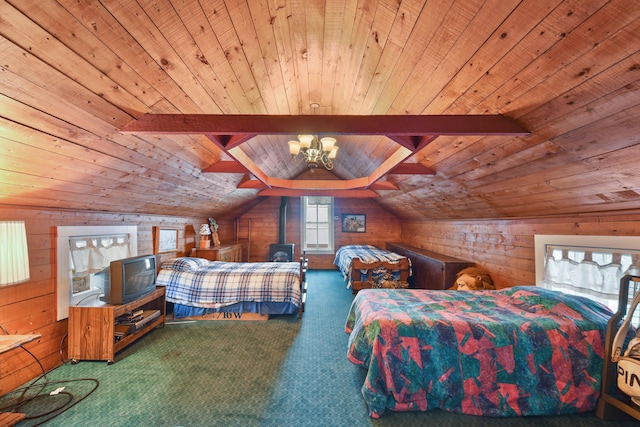 bedroom featuring lofted ceiling, a notable chandelier, dark carpet, wooden ceiling, and wooden walls