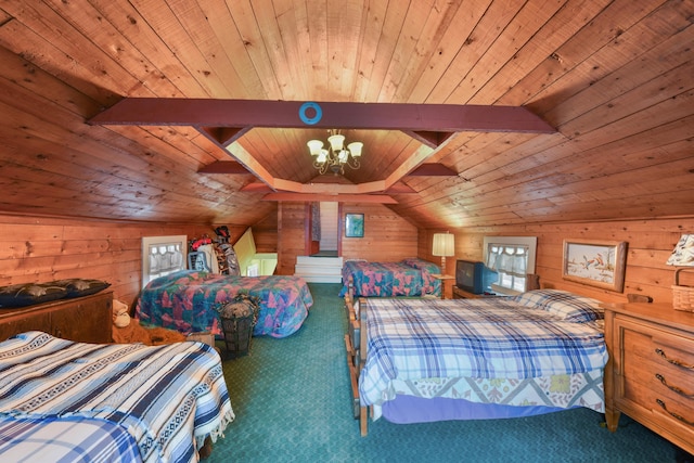 carpeted bedroom featuring wooden ceiling, lofted ceiling, a chandelier, and wooden walls