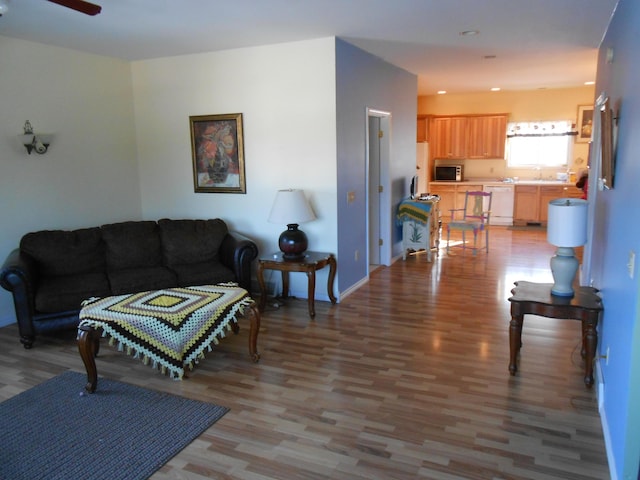 living room with ceiling fan and wood-type flooring