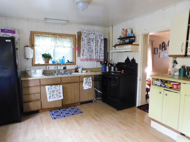 kitchen featuring light hardwood / wood-style floors, black appliances, and sink