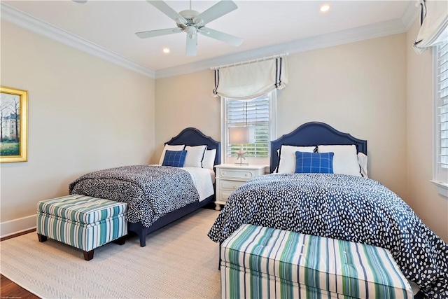bedroom featuring ceiling fan, baseboards, ornamental molding, and recessed lighting