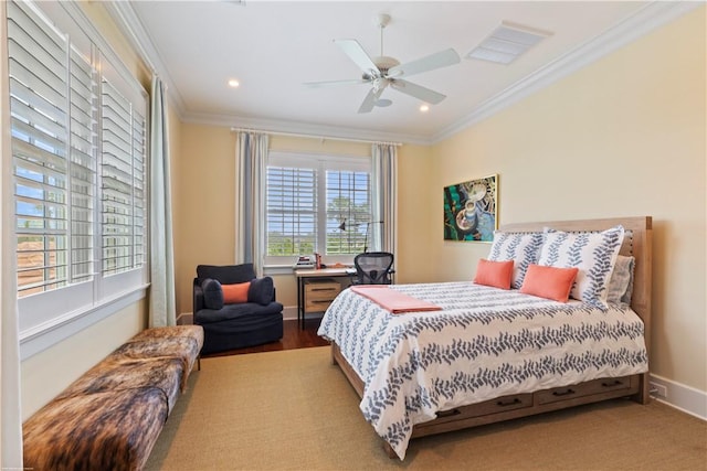 bedroom featuring recessed lighting, baseboards, ornamental molding, ceiling fan, and visible vents