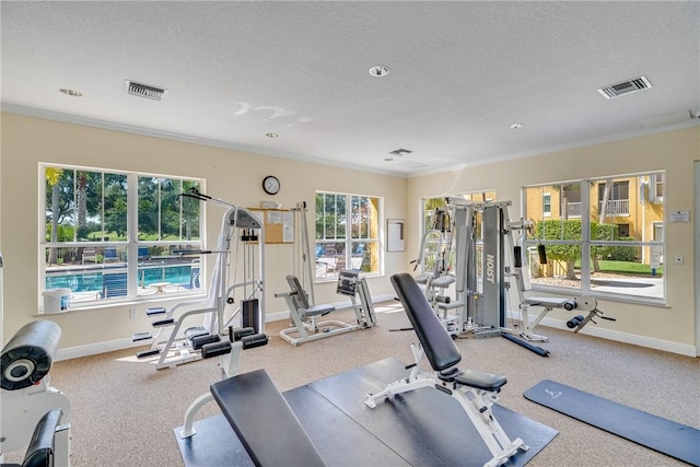 gym with plenty of natural light, ornamental molding, and a textured ceiling