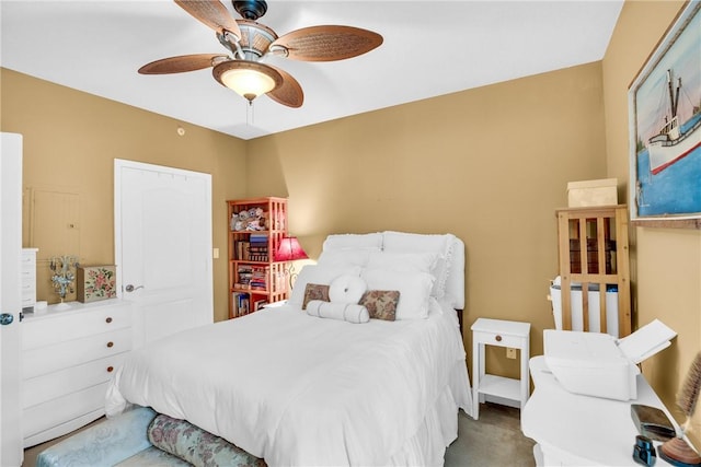 carpeted bedroom with ceiling fan