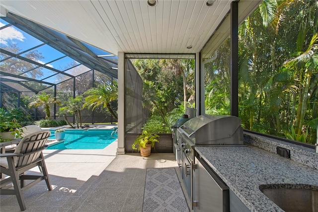 unfurnished sunroom with wood ceiling