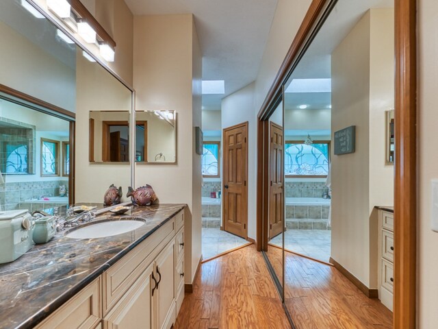 bathroom with hardwood / wood-style floors and vanity