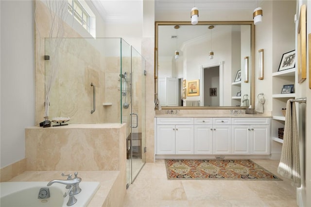 bathroom featuring vanity, ornamental molding, and plus walk in shower