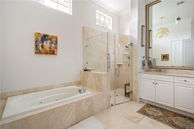 bathroom with independent shower and bath, crown molding, and vanity