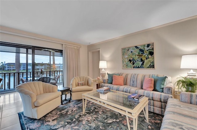 living room featuring tile patterned flooring and ornamental molding