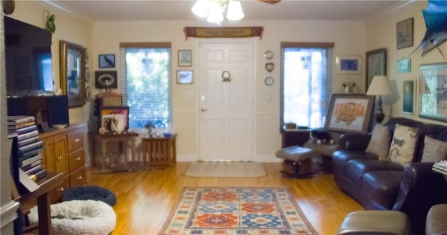 living room with ceiling fan, light hardwood / wood-style floors, ornamental molding, and a healthy amount of sunlight