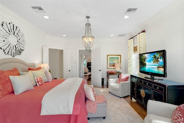 1507 Ocean Dr Unit 5, Vero Beach, FL 32963 - bedroom with a chandelier, wood finished floors, crown molding, and recessed lighting