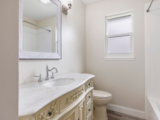 bathroom with toilet, vanity, and wood-type flooring