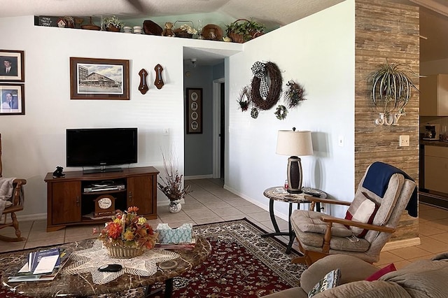 tiled living room featuring vaulted ceiling