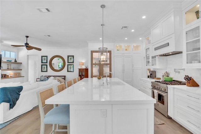 kitchen featuring light wood-type flooring, a sink, high end stove, and a breakfast bar