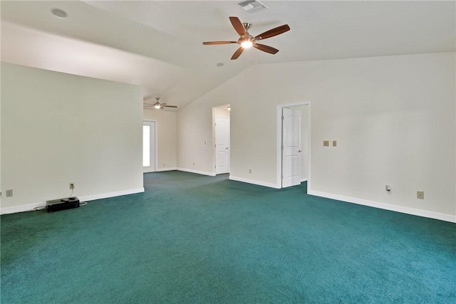 2225 86th Dr, Vero Beach, FL 32966 - unfurnished room featuring ceiling fan, lofted ceiling, baseboards, and dark colored carpet