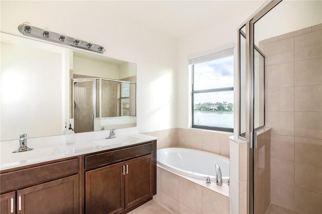 bathroom with vanity and plus walk in shower