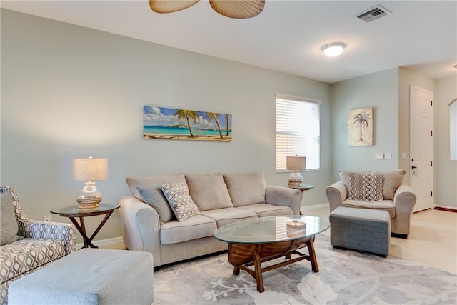 6375 Oxford Cir Unit 104D, Vero Beach, FL 32966 - living area with a ceiling fan, visible vents, and baseboards
