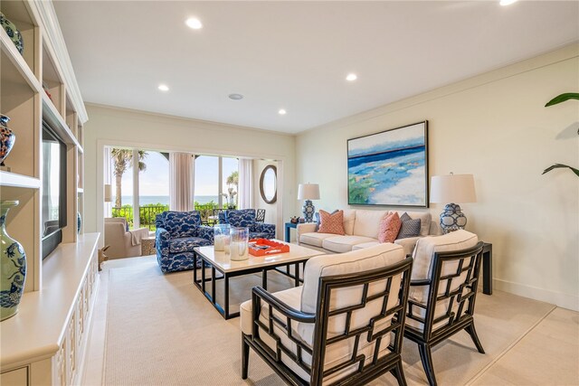 living room with crown molding