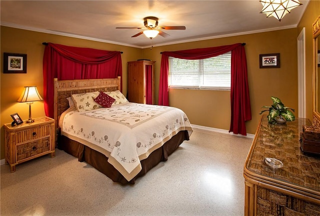 bedroom with crown molding, speckled floor, baseboards, and a ceiling fan